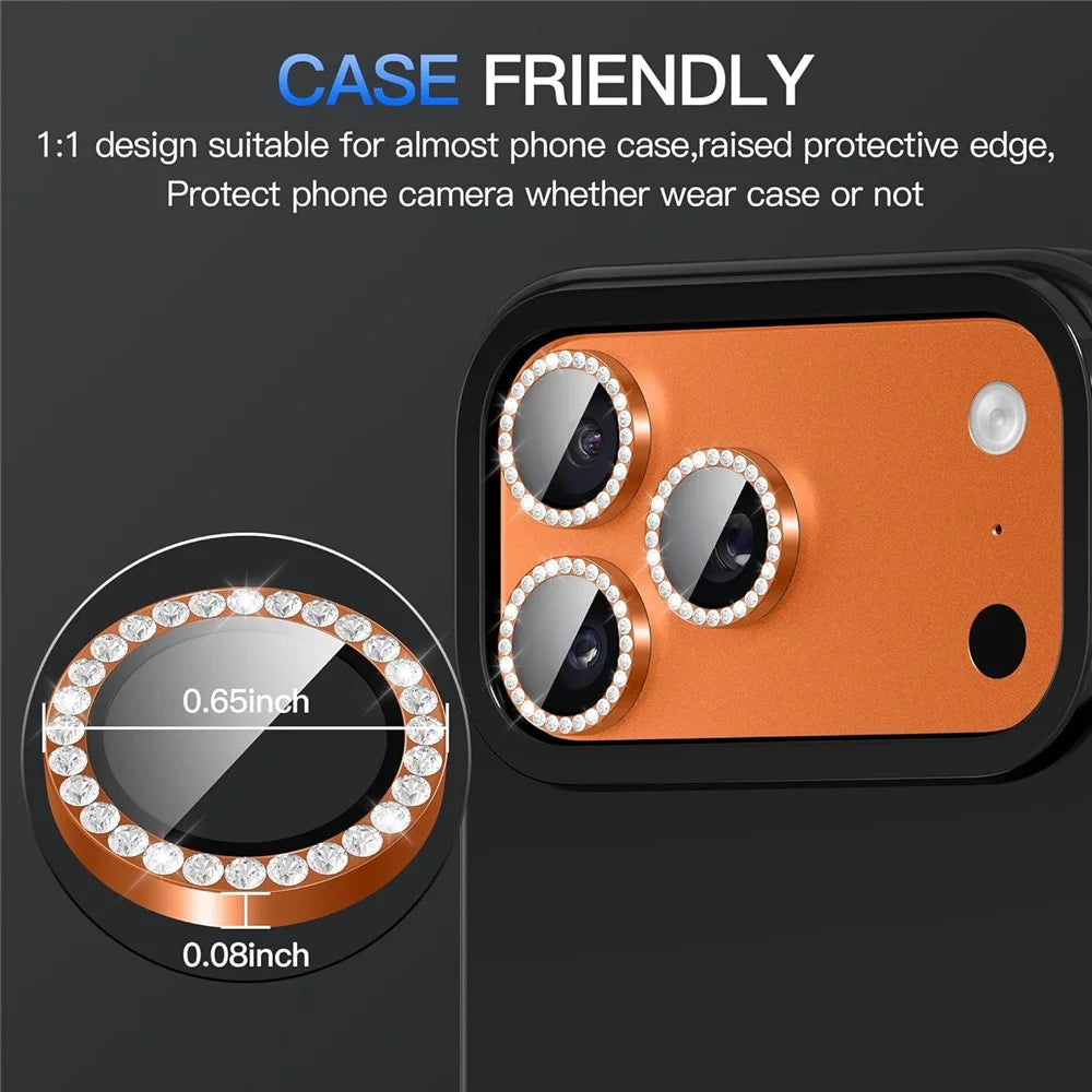 For iPhone 17 Pro Max 1Set Camera Lens Protector Tempered Glass+Metal Ring Rhinestone Lens Film - Orange - 2