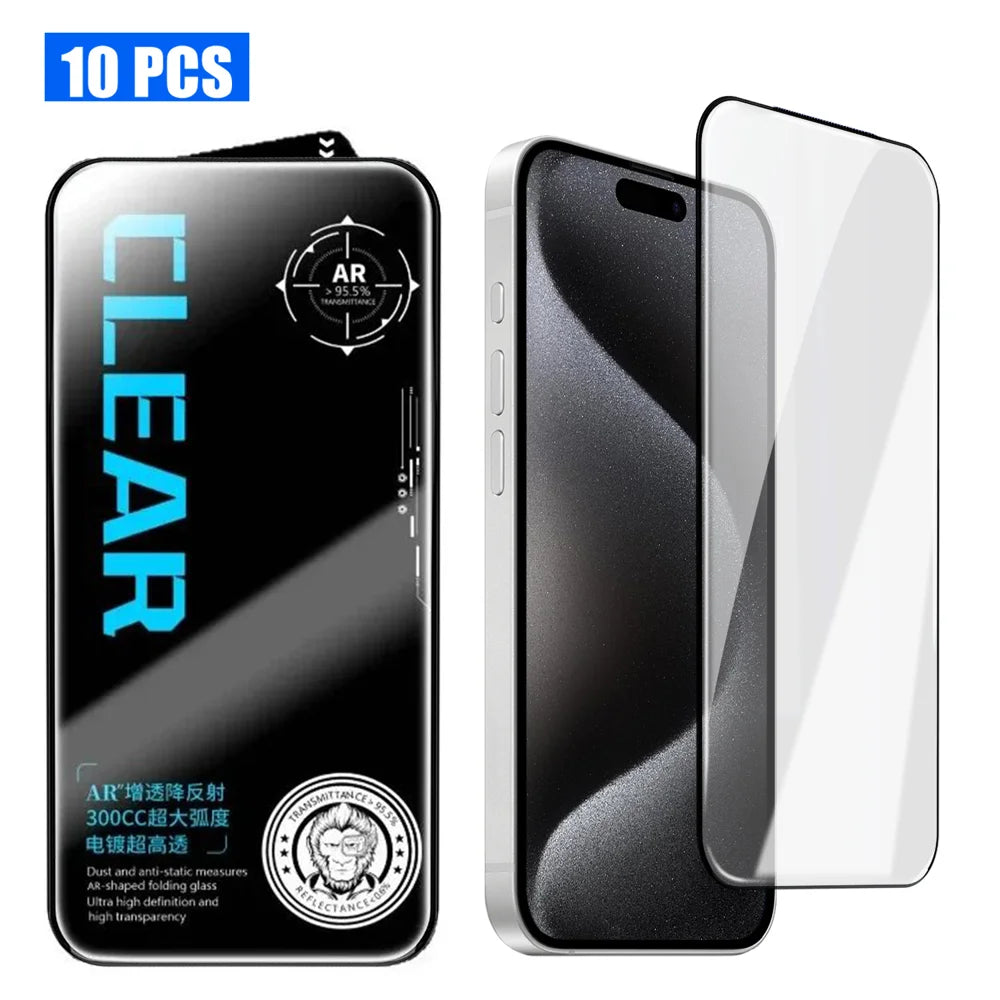 For iPhone 15 Pro 10Pcs Screen Protector AR Anti-Reflection High Aluminium-silicon Glass Silk Printing Clear Film - Transparent - 1