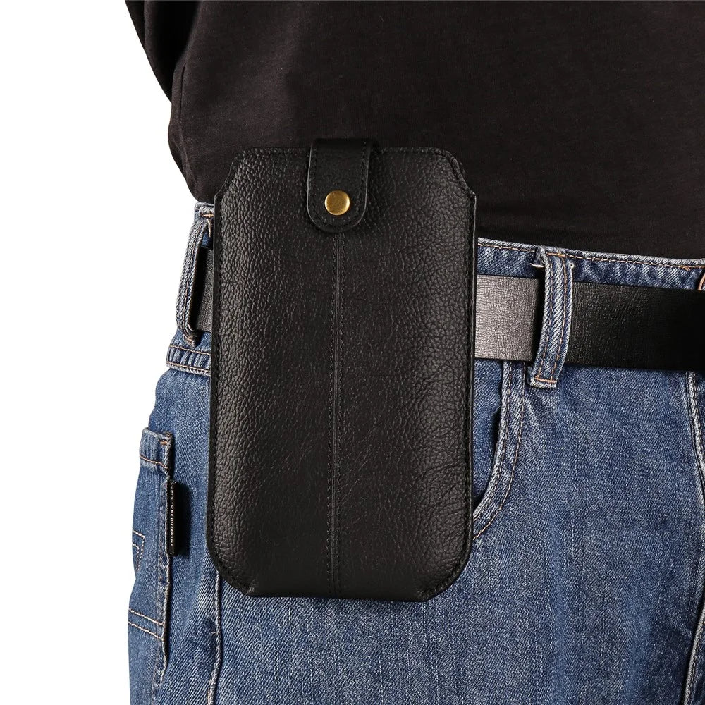 Genuine Cow Leather Cell Phone Case for 6.7-inch Phone ID Card Belt Holder Pouch Cover - Black - 2