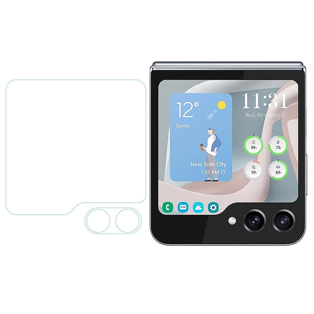 For Samsung Galaxy Z Flip5 5G Small Screen Protector + Camera Lens Protector 2.5D Arc Edge Silk Printing Tempered Glass Film Set - 1