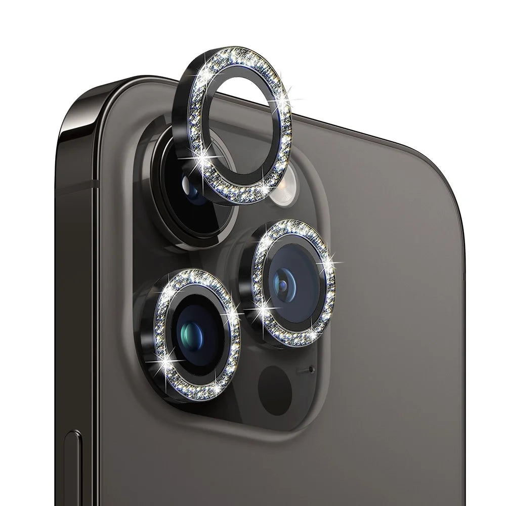 NORTHJO For iPhone 12 Pro / 11 Pro / 11 Pro Max 1 Set Glitter Camera Lens Protector Metal Ring Tempered Glass Lens Film - Black - 1