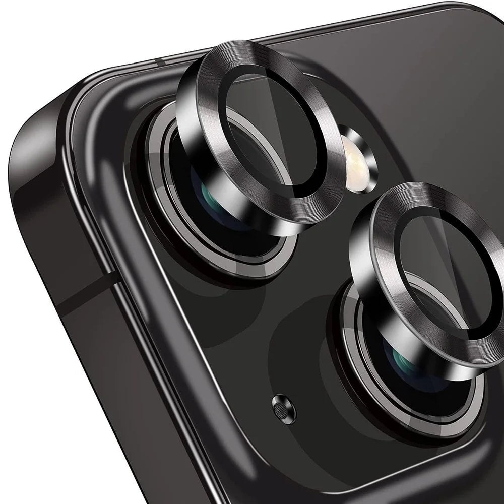 For iPhone 15 / 15 Plus Camera Lens Protector Set CD Vein Tempered Glass + Metal Ring Lens Film - Black - 2