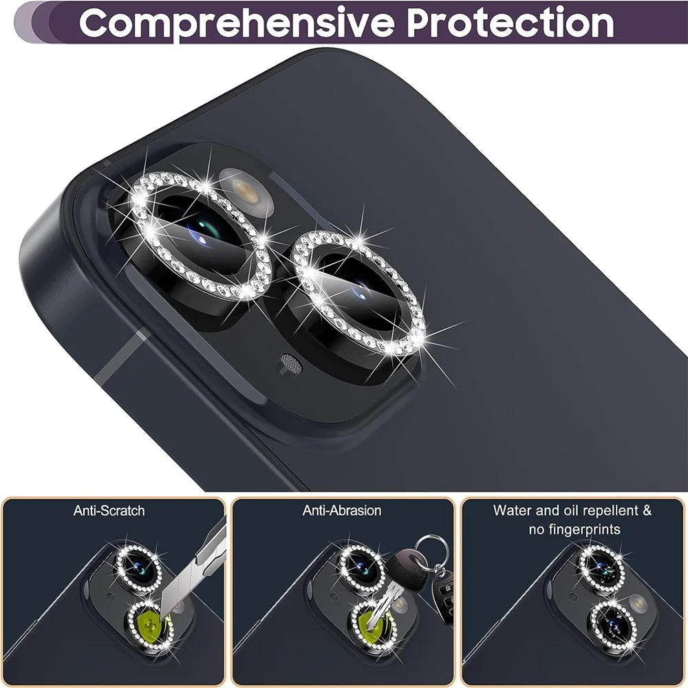 For iPhone 15 / 15 Plus Rhinestone Decor Camera Lens Protector Set Tempered Glass+Metal Ring Cover Lens Film - Black - 6