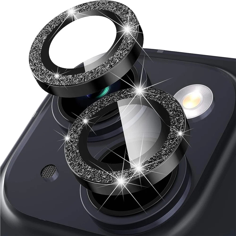 For iPhone 15 / 15 Plus Camera Lens Protector Set Glitter Metal Ring Tempered Glass Back Lens Film - Black - 1