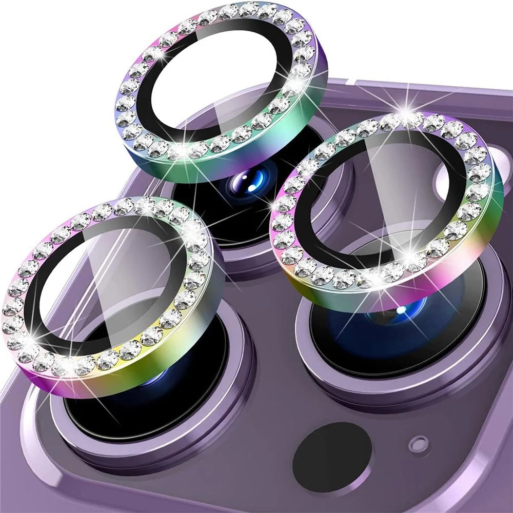 For iPhone 14 Pro / 14 Pro Max 1 Set Camera Lens Protector Tempered Glass Colorful Rhinestone Metal Ring Lens Film - 1