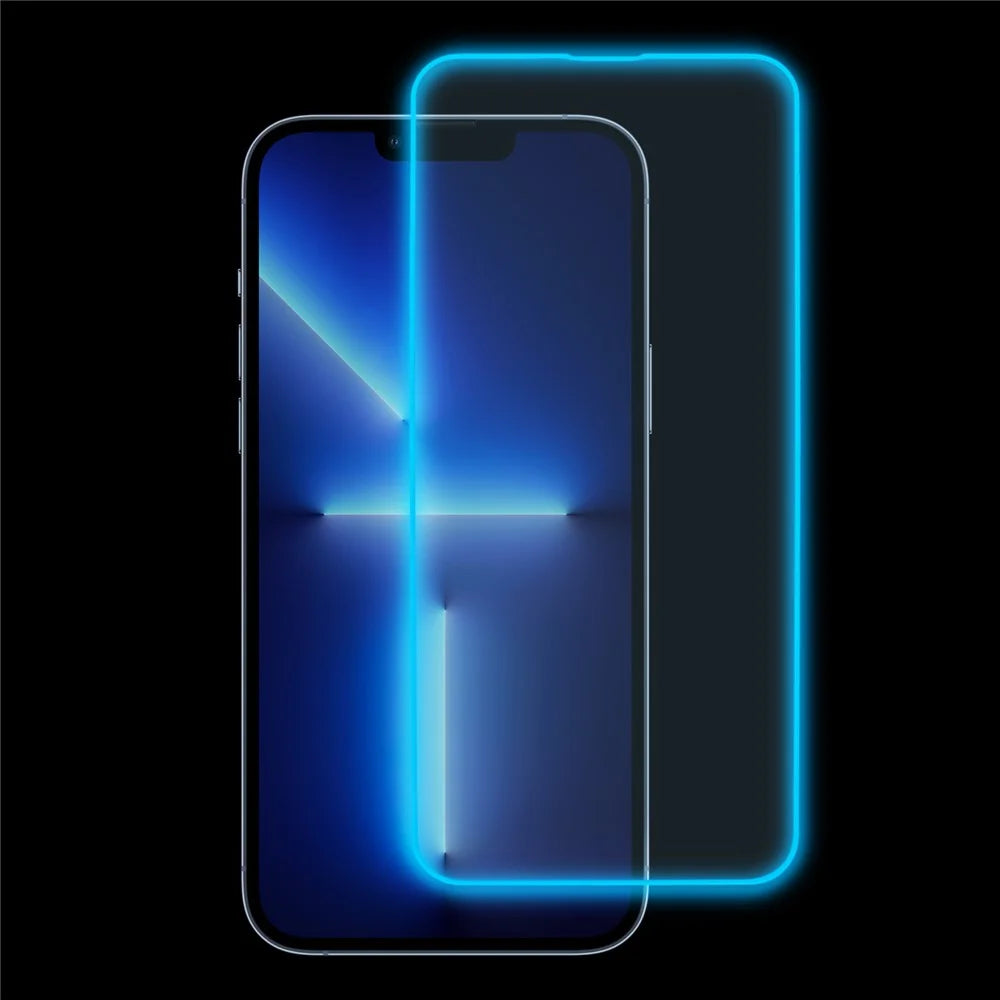For iPhone 13 Pro Phone Screen Protector Medium Alumina Tempered Glass Screen Film Guard (Luminous Edge ) - Blue - 1