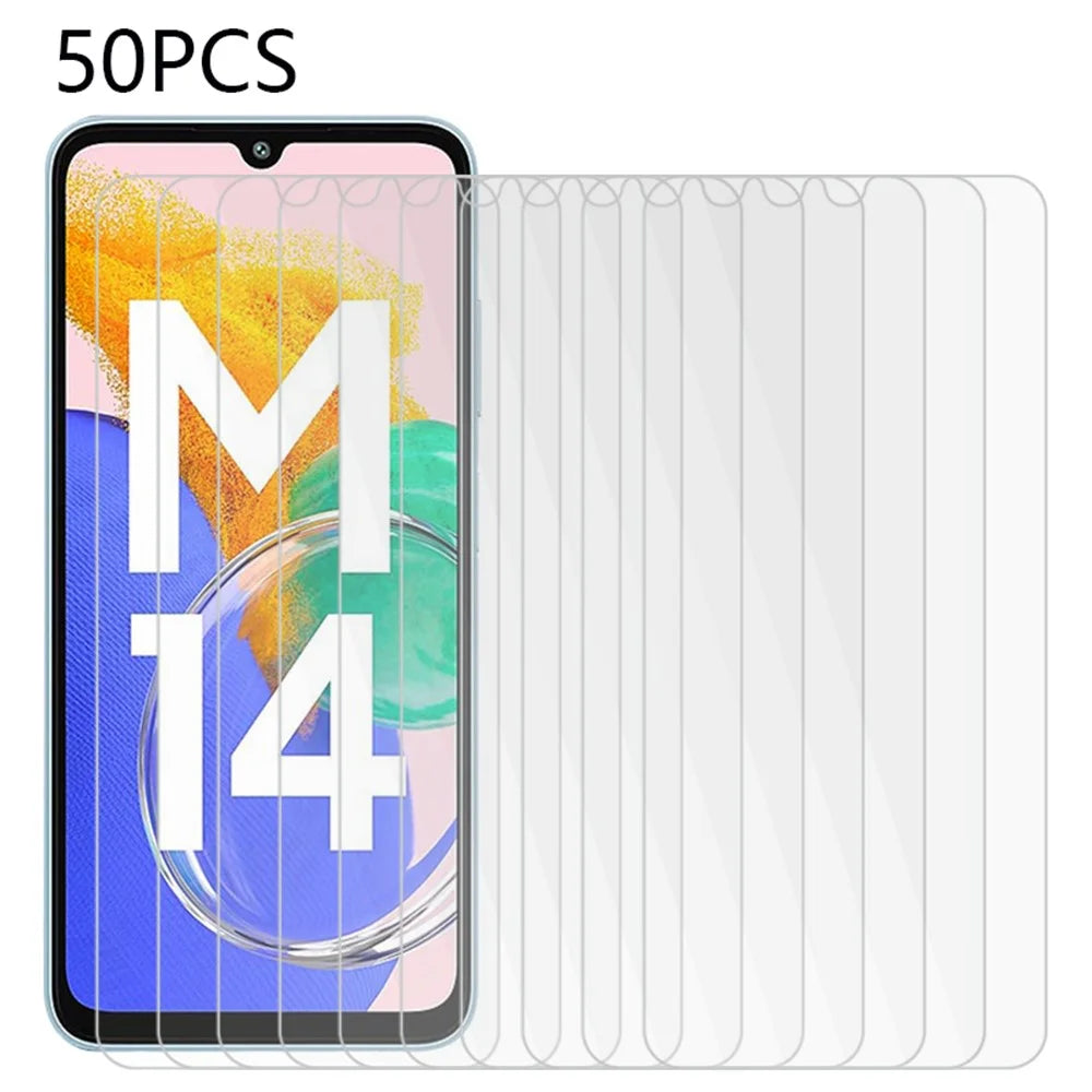 50Pcs Screen Protector for Samsung Galaxy M14 4G , HD Clear Tempered Glass Film (No Package, with Wipes Set, Dust-absorber, Guide Sticker) - 1