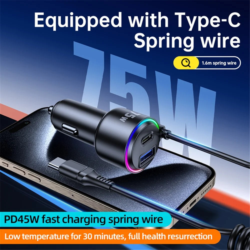 T26 45W+30W USB+Type-C Phone Fast Charging Adapter Car Charger with PD 30W Type-C Spring Cable (CE Certified) - 2