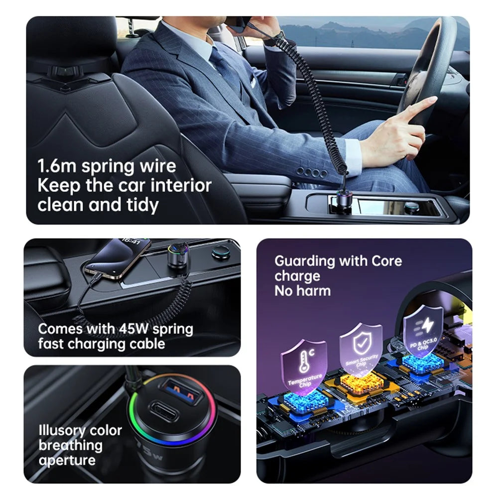 T26 45W+30W USB+Type-C Phone Fast Charging Adapter Car Charger with PD 30W Type-C Spring Cable (CE Certified) - 4