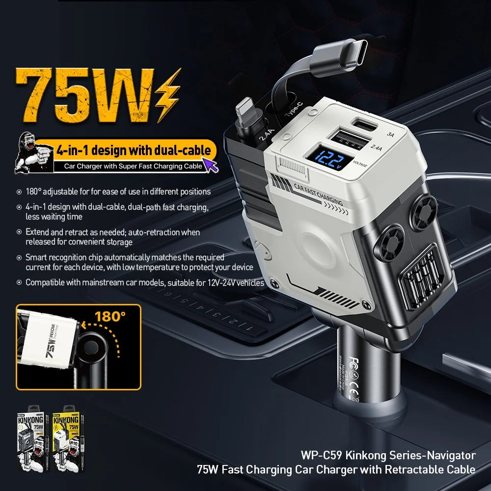 WEKOME WP-C59 Car Charger 75W Fast Charging Multi-Port Adapter with Retractable Cable - White - 2