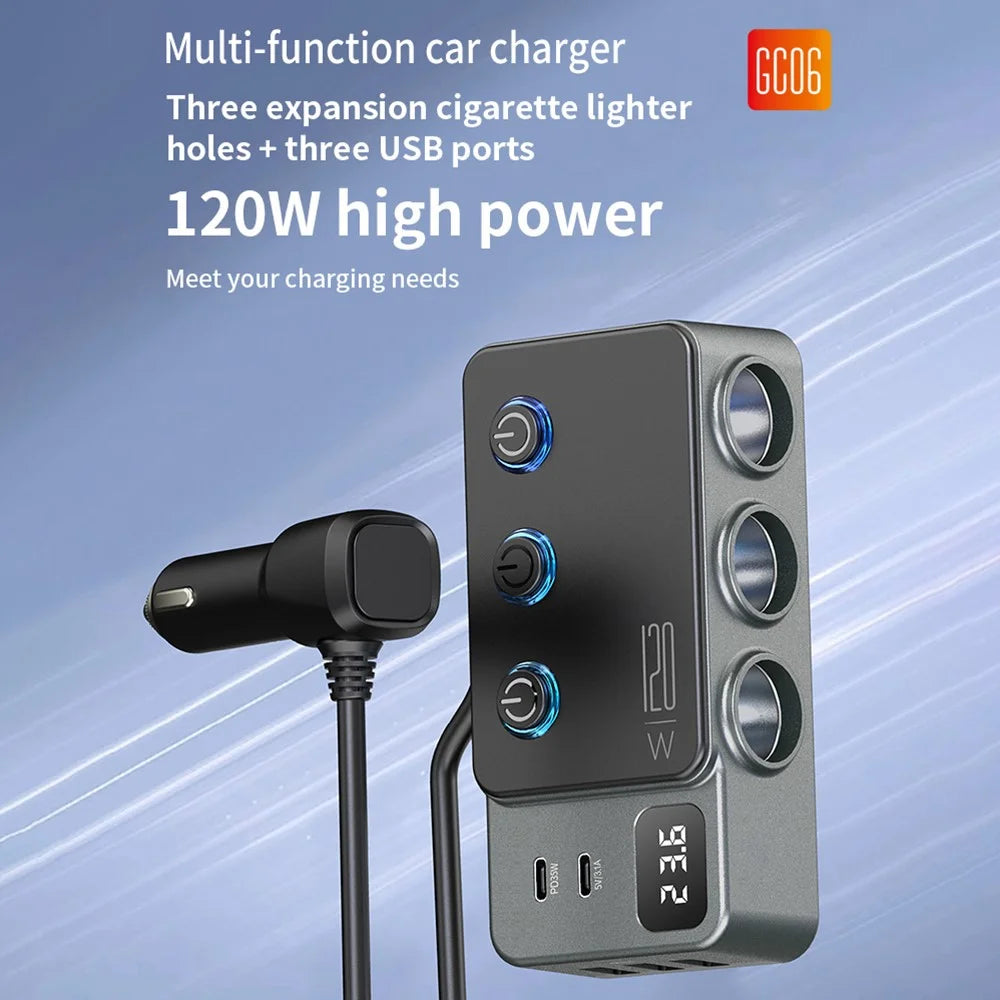 PD 35W Fast Charging Car Charger 3 in 1 Cigarette Lighter Adapter 120W 5 USB Ports for Multiple Devices - 2