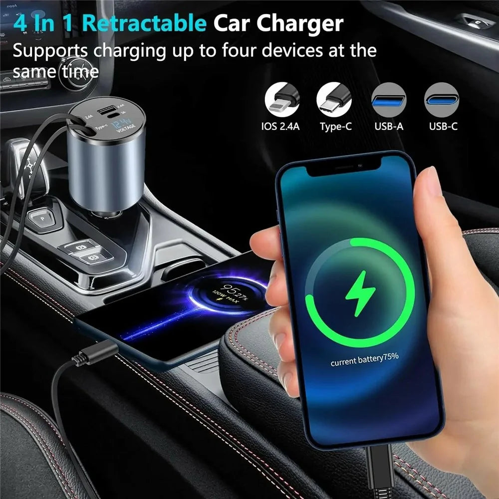 PT-19 Cigarette Lighter Car Charger 100W Fast Charging Adapter with iP  /  Type C Retractable Cables - 3