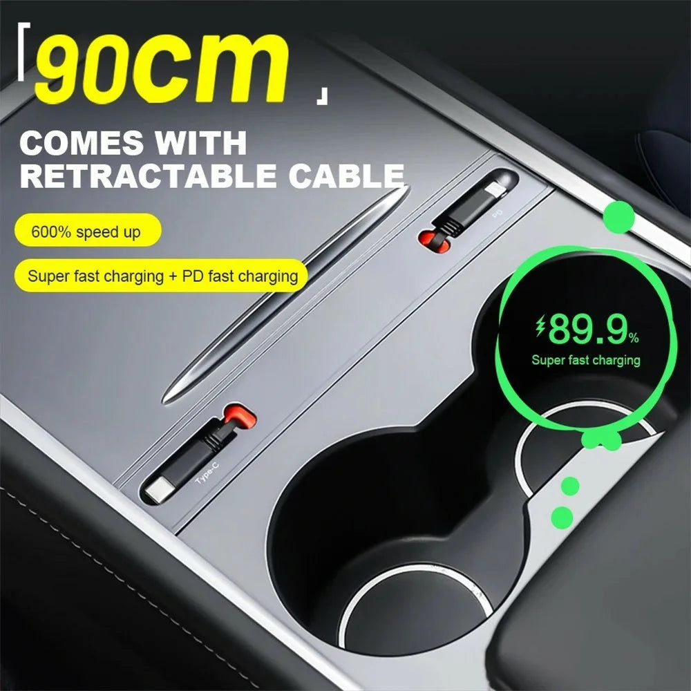 PT-TSL-5 For Tesla Model 3  /  Y Center Console Extension Hub Retractable Splitter Car Charger 27W Fast Charging - 3