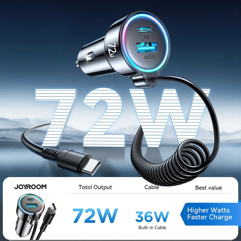 JOYROOM CL07 3 in 1 Car Charger 72W Fast Charging with Built-In Type-C Spring Cable - 2