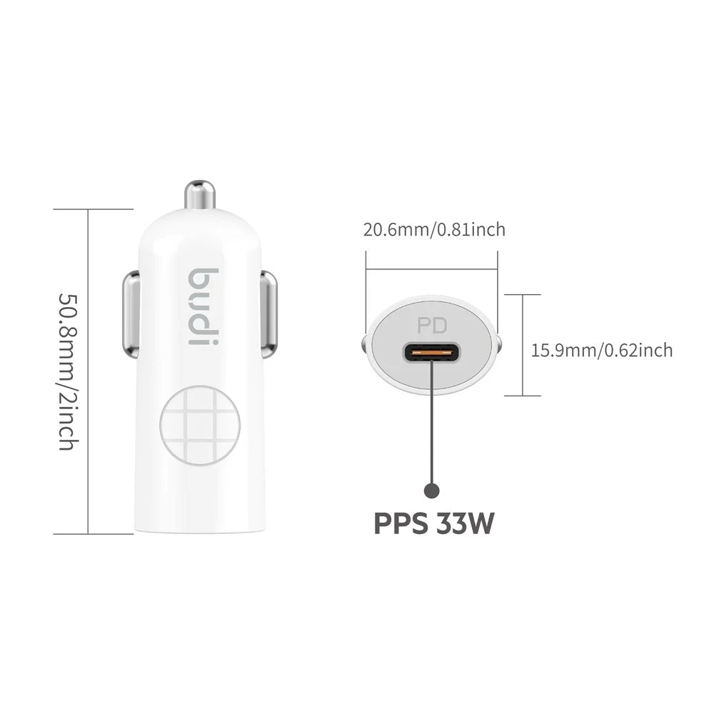 BUDI CC062TTTW USB-C 33W Car Charger Set with 1.2m 60W Type-C to Type-C Cable Mini Cigarette Lighter Adapter - 4