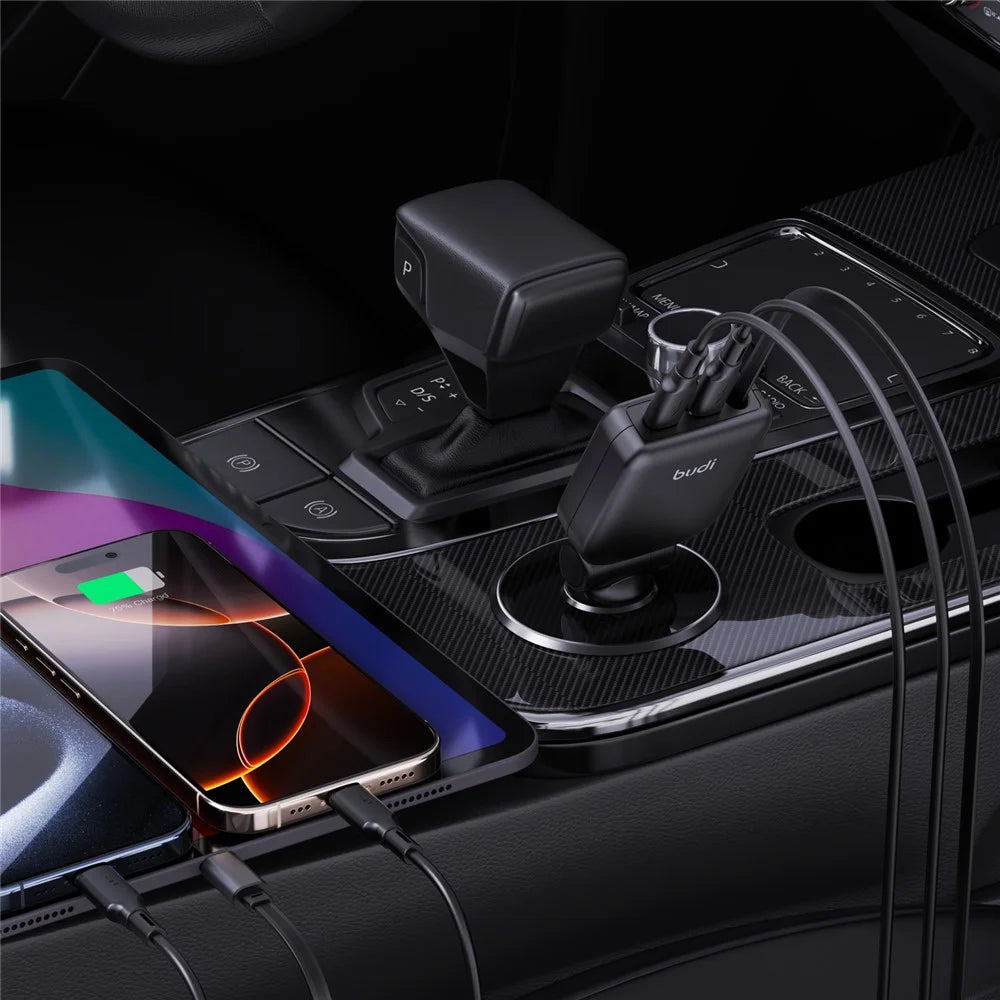 BUDI CC605B 50W Car Charger with Retractable Cable 2 Type-C Multi Ports Folding Cigarette Lighter Adapter - 2