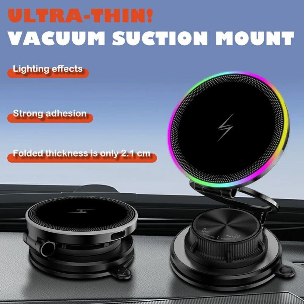 K8 15W MagSafe-Compatible Wireless Car Charger Mount 3-Fold Rotatable Magnetic Phone Holder with RGB Light Vacuum Suction Dashboard Stand - 2