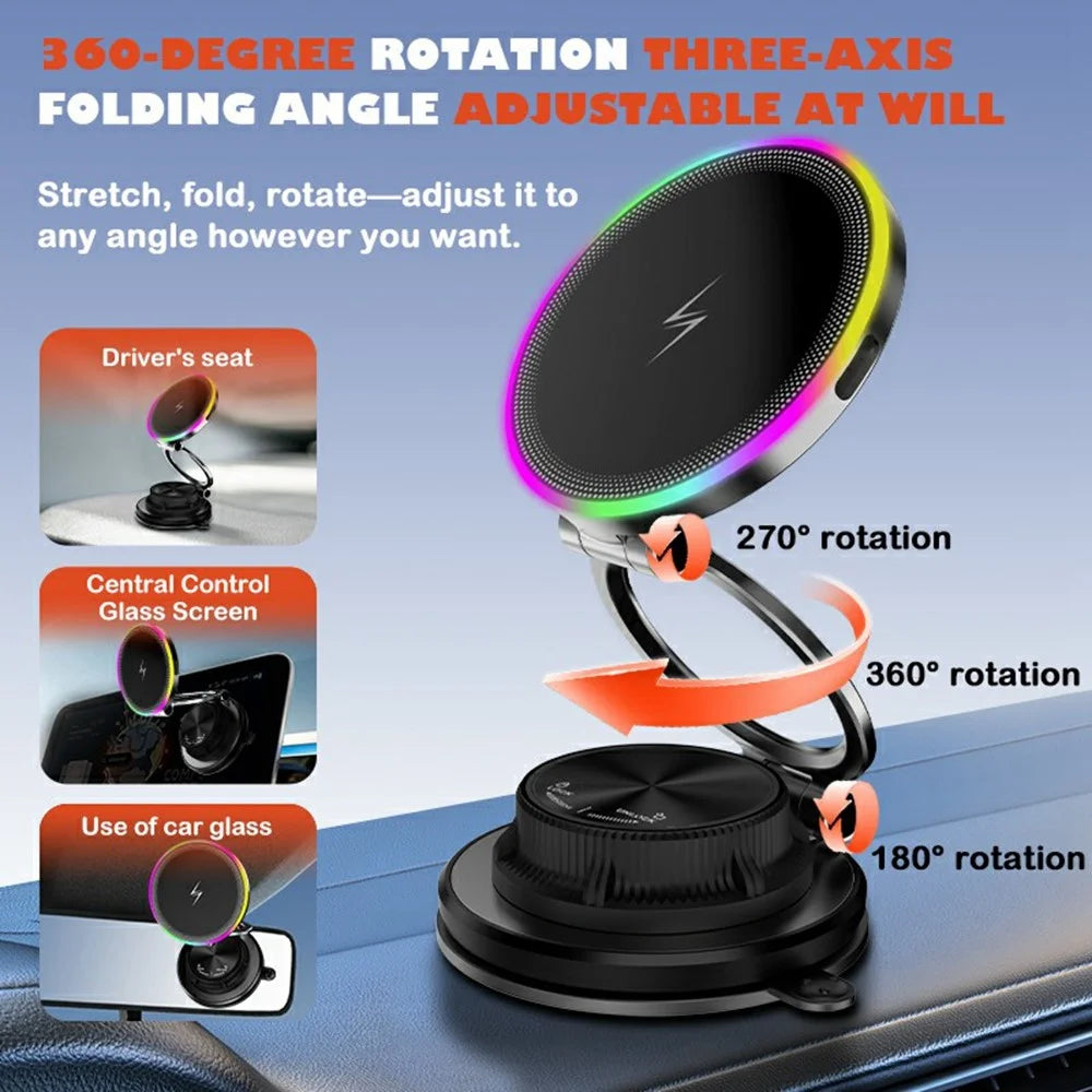 K8 15W MagSafe-Compatible Wireless Car Charger Mount 3-Fold Rotatable Magnetic Phone Holder with RGB Light Vacuum Suction Dashboard Stand - 4