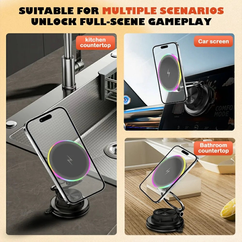 K8 15W MagSafe-Compatible Wireless Car Charger Mount 3-Fold Rotatable Magnetic Phone Holder with RGB Light Vacuum Suction Dashboard Stand - 5