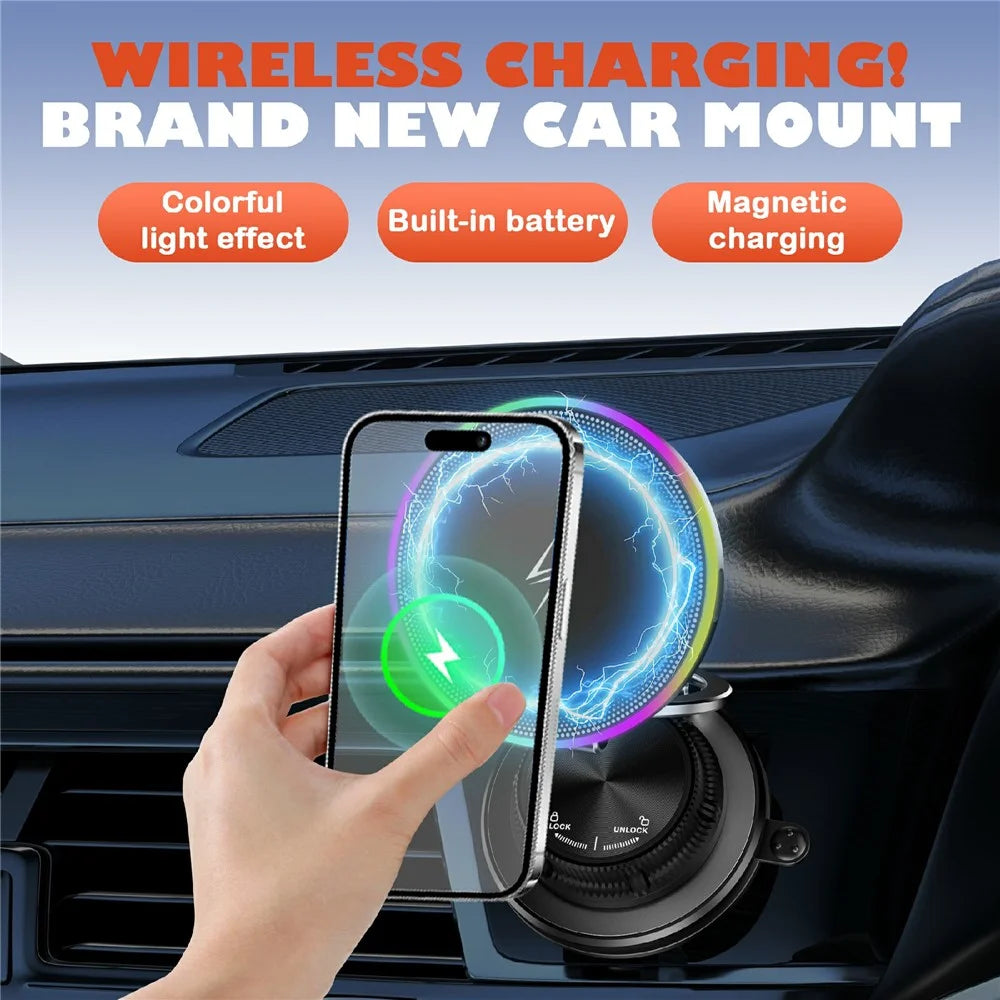 K8 15W MagSafe-Compatible Wireless Car Charger Mount 3-Fold Rotatable Magnetic Phone Holder with RGB Light Vacuum Suction Dashboard Stand - 7