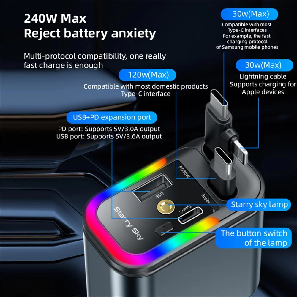 LC-039 5-in-1 Dual Retractable Cable Car Charger RGB Starry Sky Light USB-C iP (5-14) 120W Fast Charging Adapter - 2