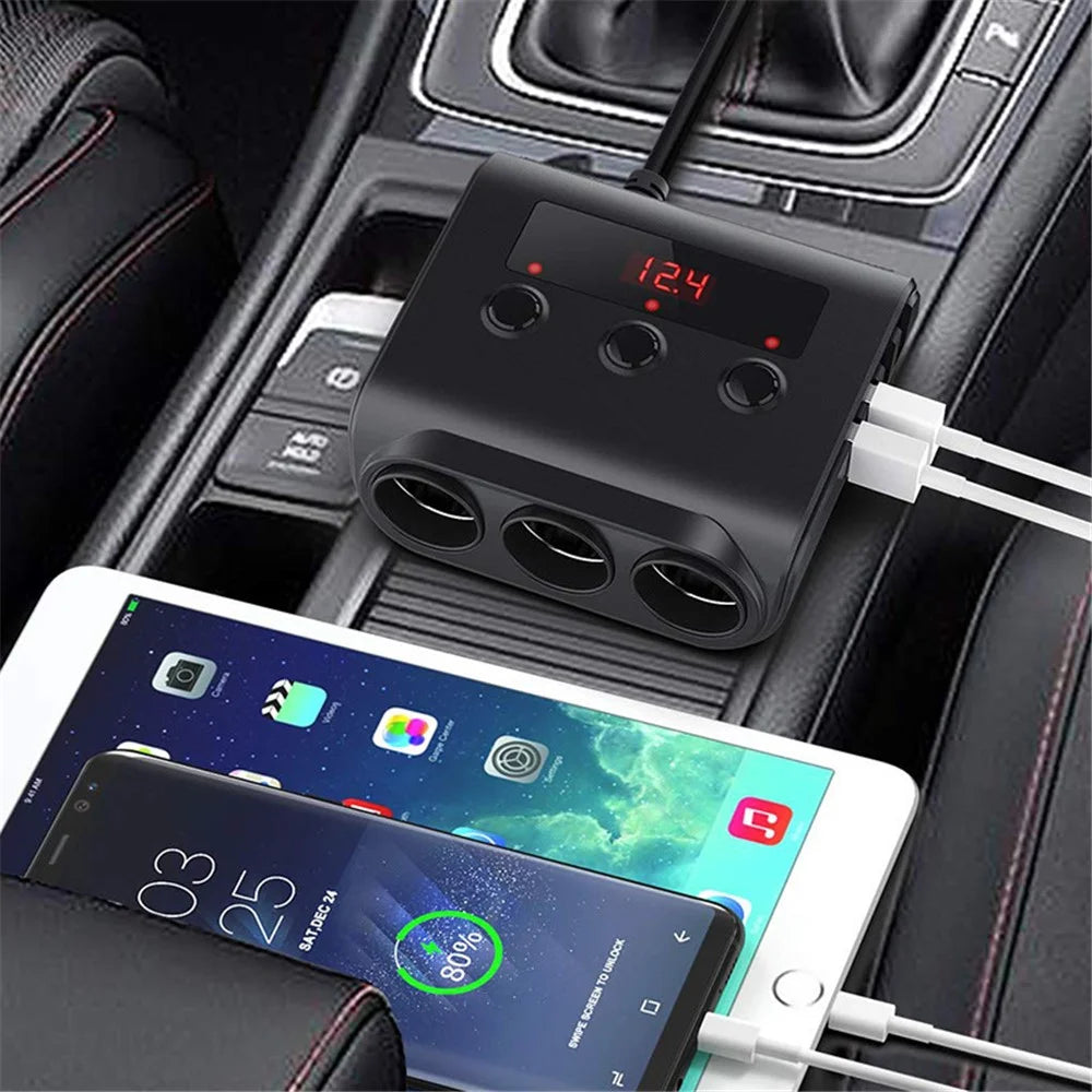 TR12 100W 4 USB Ports Car Charger LED Display Voltage Detection 3 Cigarette Lighter Sockets Charging Adapter - 3