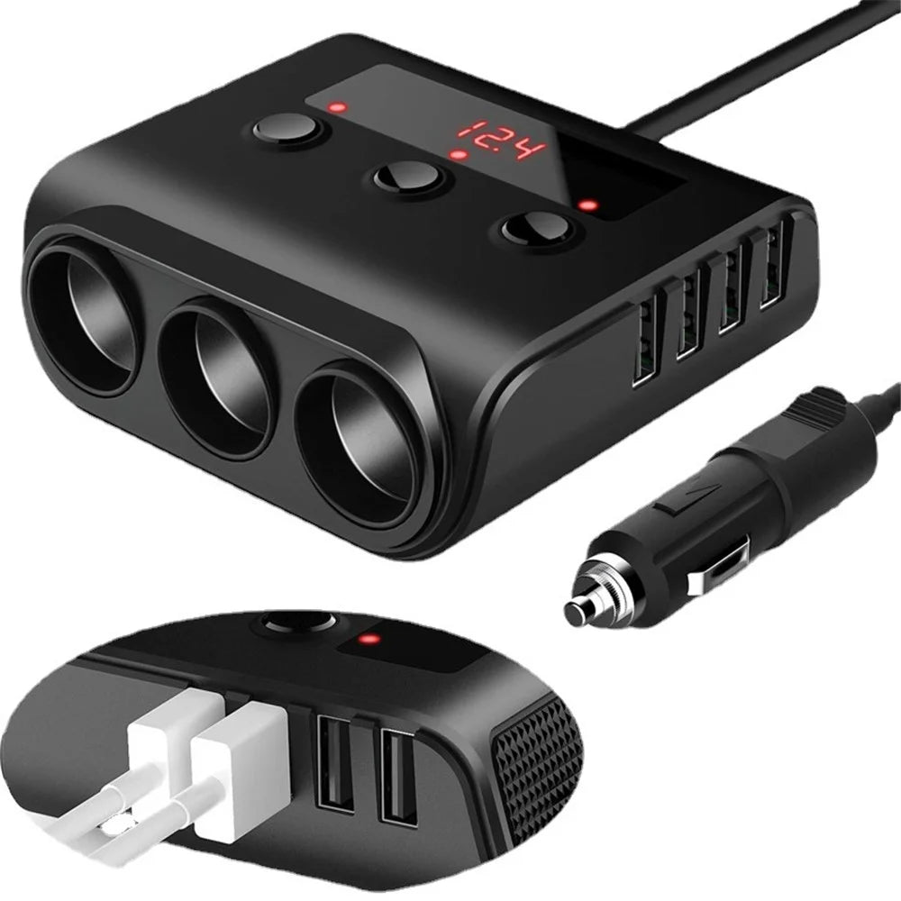 TR12 100W 4 USB Ports Car Charger LED Display Voltage Detection 3 Cigarette Lighter Sockets Charging Adapter - 6