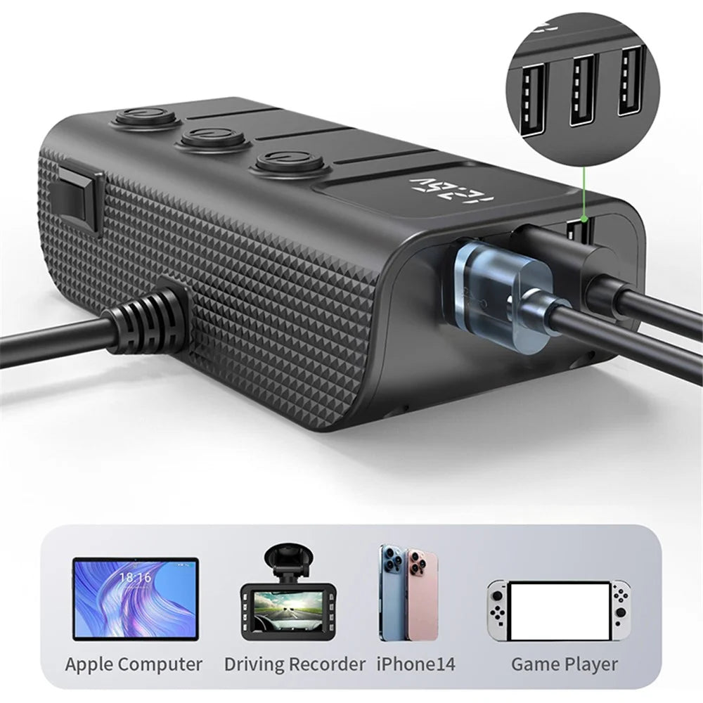 GC01 3 USB + 1 Type-C + 1 PD Port Car Charger 3 Cigarette Lighter Sockets Digital Display Charging Adapter - 3