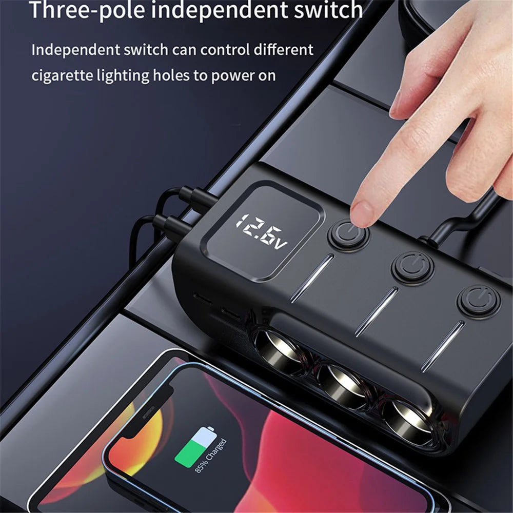 GC01 3 USB + 1 Type-C + 1 PD Port Car Charger 3 Cigarette Lighter Sockets Digital Display Charging Adapter - 4