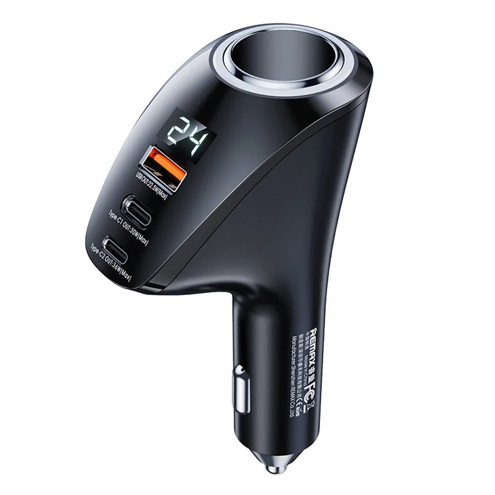 REMAX RCC339 USB + 2 Type-C Ports Car Charger Cigarette Lighter Power Socket with Voltage Digital Display - 1