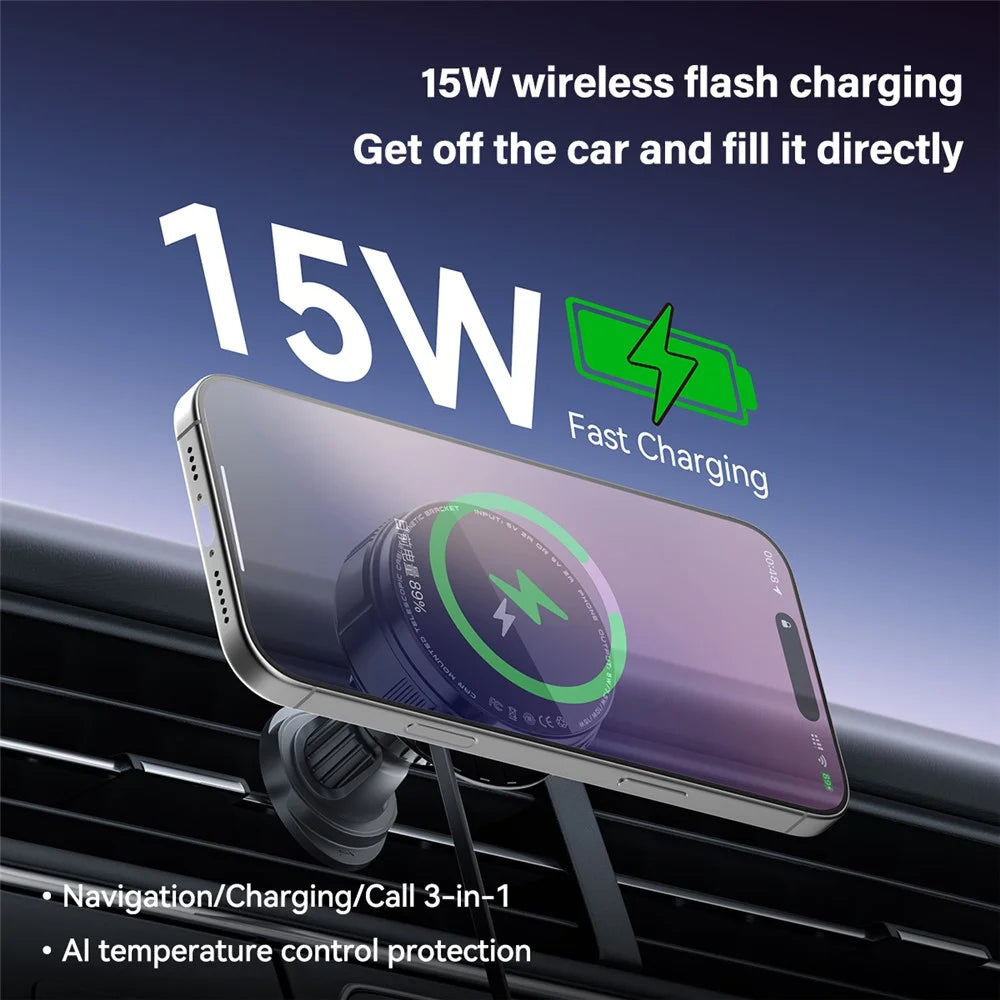 X02 15W Car Air Vent Mount Magnetic Phone Holder Wireless Charger with Retractable Type C Cable - Silver - 4