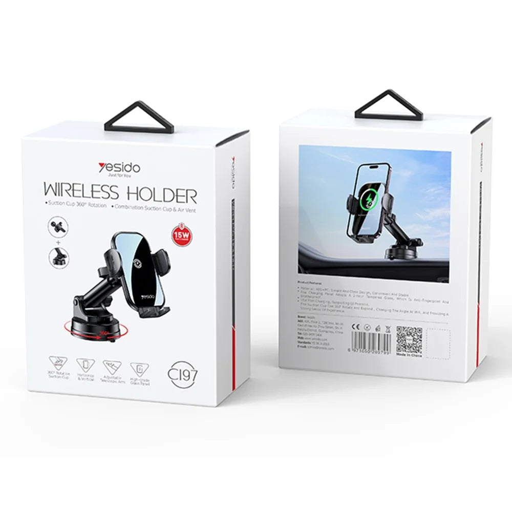 YESIDO C197 Car 15W Wireless Phone Charger Mount Clamp Phone Clip Bracket Holder with Suction Cup - 7
