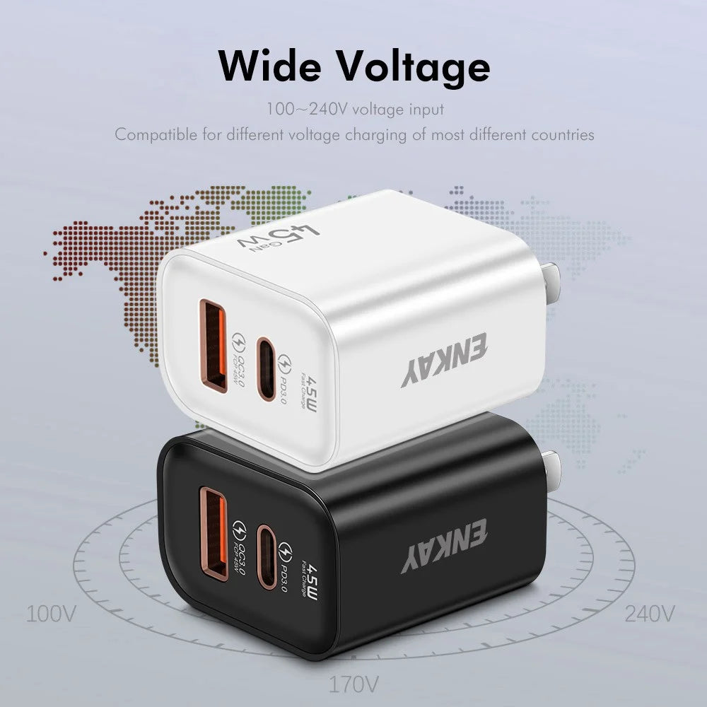ENKAY ENK-FC001 45W USB-A + Type-C Dual Port Wall Charger Power Adapter - Black - 6