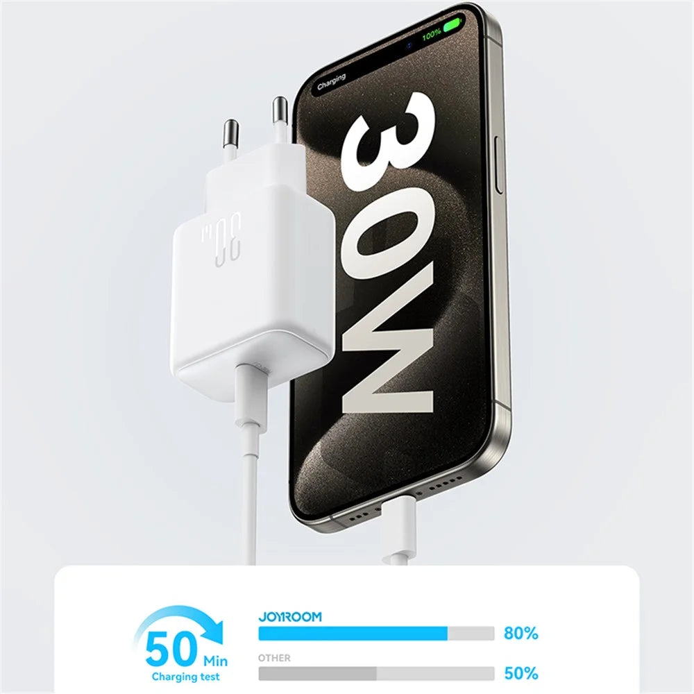 JOYROOM JR-TCF24 PD 30W Fast Charging Power Adapter Type-C Mini Wall Charger, EU Plug for iPhone 16-15 Series - White - 4