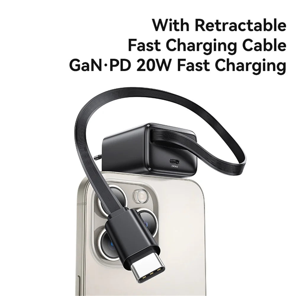 USAMS CC233 20W GaN Charger PD3.0+QC3.0 Fast Charging Adapter with Retractable Type-C Cable, EU Plug - Black - 2