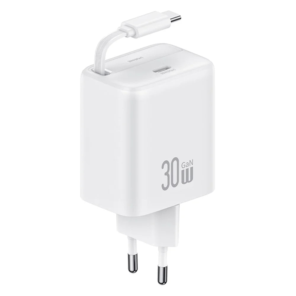 USAMS CC241 30W Type-C Charger GaN PD3.0+QC3.0 Power Adapter with Retractable Cable, EU Plug - White - 1