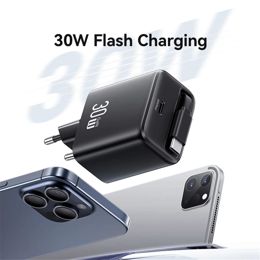 USAMS CC241 30W Type-C Charger GaN PD3.0+QC3.0 Power Adapter with Retractable Cable, EU Plug - White - 5