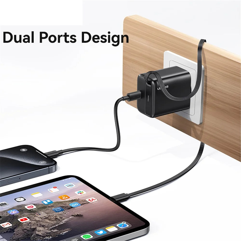 USAMS CC241 30W Type-C Charger GaN PD3.0+QC3.0 Power Adapter with Retractable Cable, EU Plug - White - 6