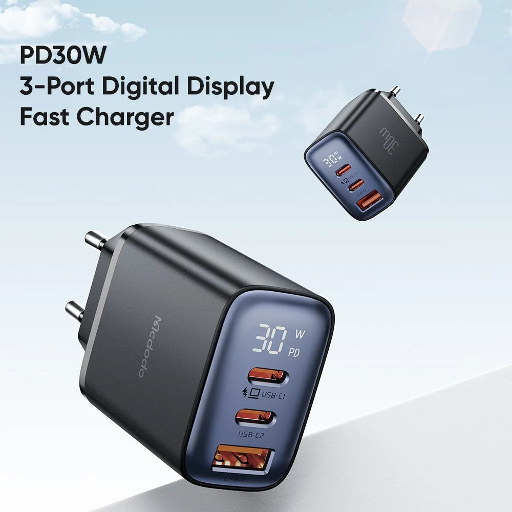 MCDODO CH-2180 30W Dual Type-C+USB-A Wall Charger Digital Display Charging Adapter, EU Plug - Black - 2