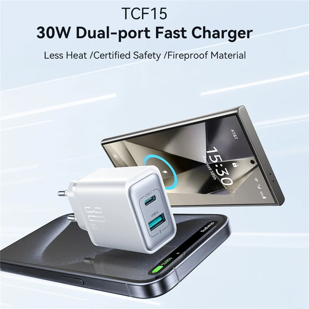 JOYROOM JR-TCF15 30W Wall Charger USB-C+USB-A Dual Port PD Fast Charging Adapter, EU Plug - 2
