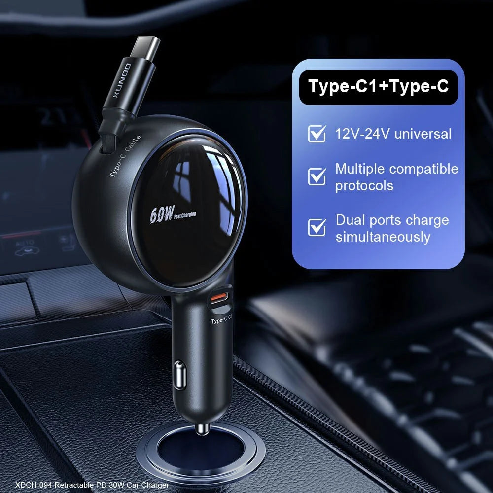 XUNDD XDCH-094 PD 30W Type-C Fast Charging Car Charger Adapter with 30W Type-C Retractable Cable - 2