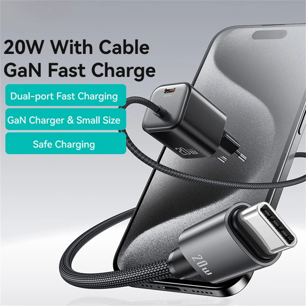 USAMS CC261 GaN Fast Charger Block 20W Dual Port Wall Charger with Type-C Cable, EU Plug - Black - 2