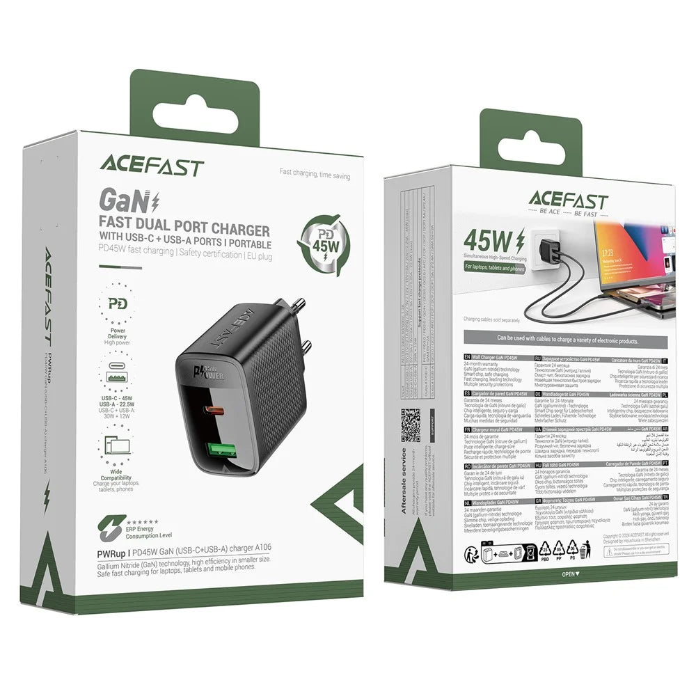 ACEFAST A106 GaN Charger PD 45W Fast Charging Dual Port USB-C USB-A Adapter - EU Plug - 5