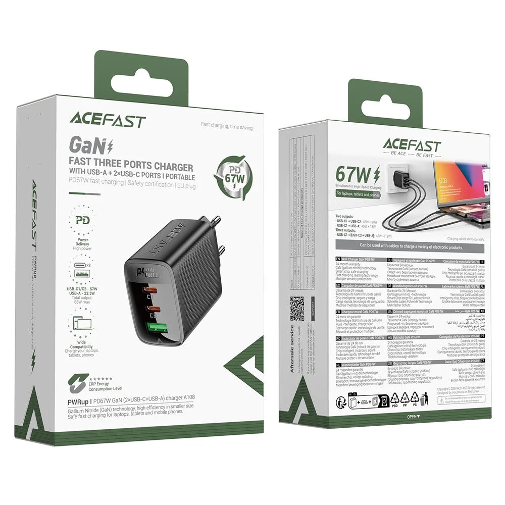 ACEFAST A108 PD 67W GaN Charger 2 USB-C + USB-A Fast Charging Adapter - EU Plug - 6