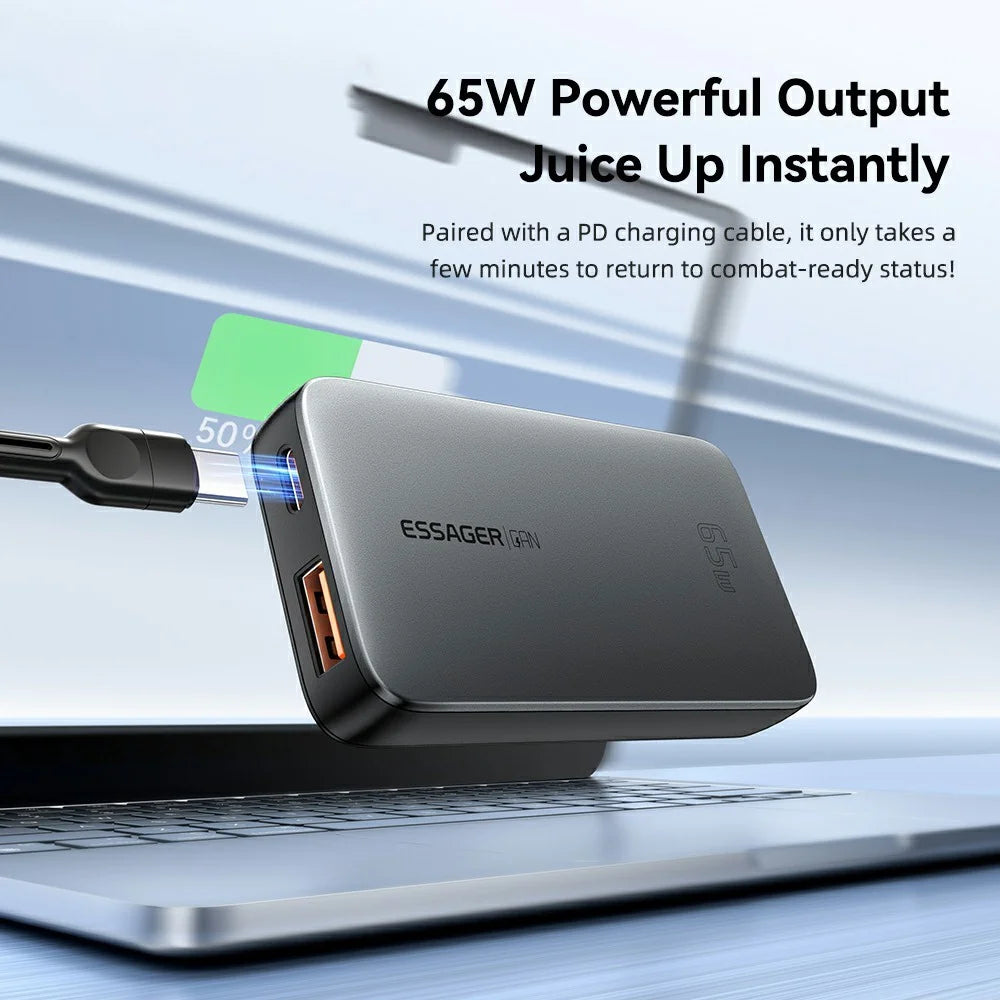 ESSAGER 65W Fast Charging Adapter USB A + Type C Dual Ports Ultra Slim GaN Travel Charger - US Plug - 3