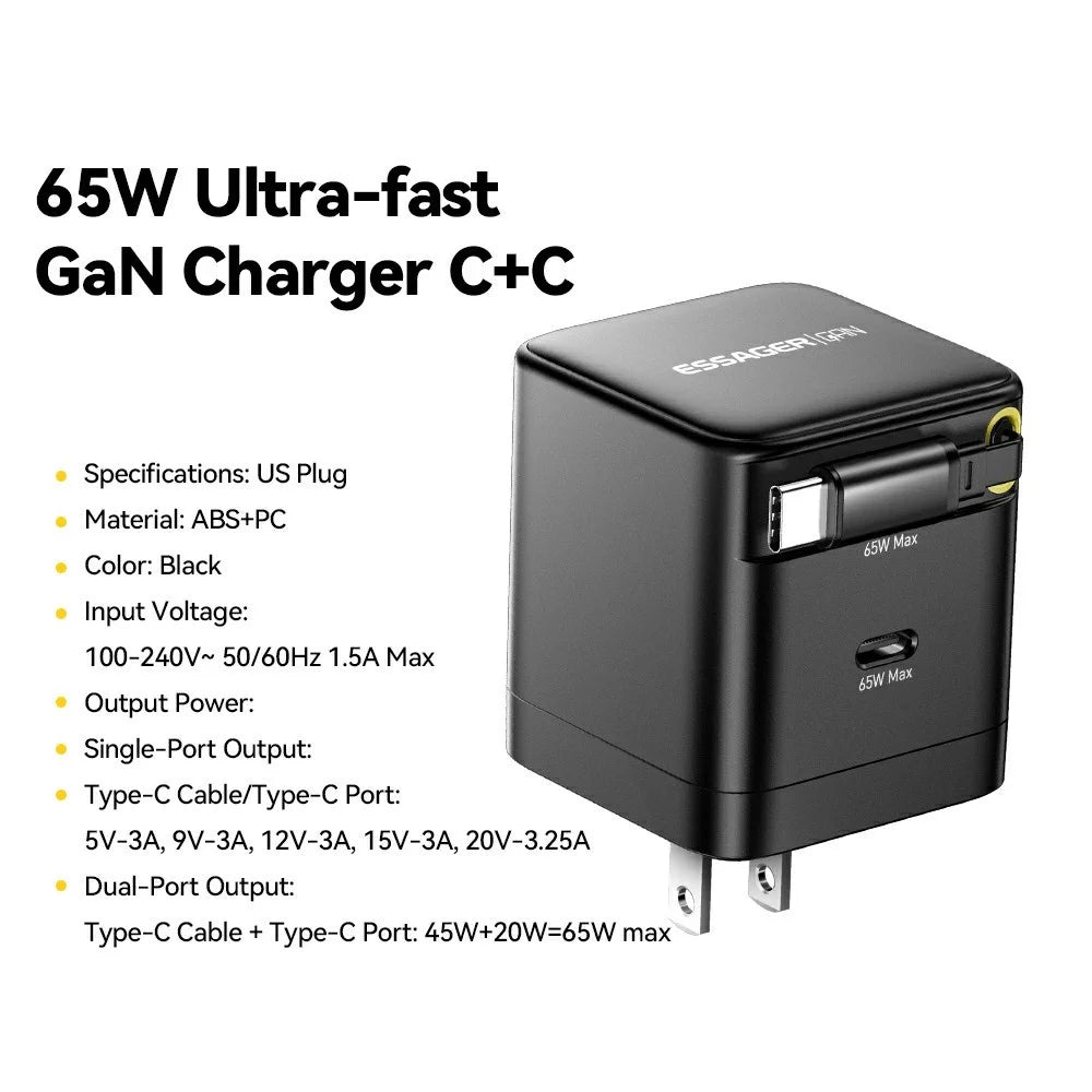 ESSAGER Portable 65W Fast Charging USB C Travel Charger with Retractable Type C Cable - US Plug - 2