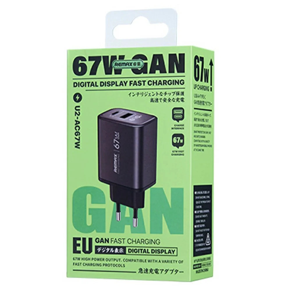 REMAX U2-AC67W GaN Digital Display Fast Charging Adapter Laptop Tablet Phone Type-C USB-A Charger - EU Plug - 2