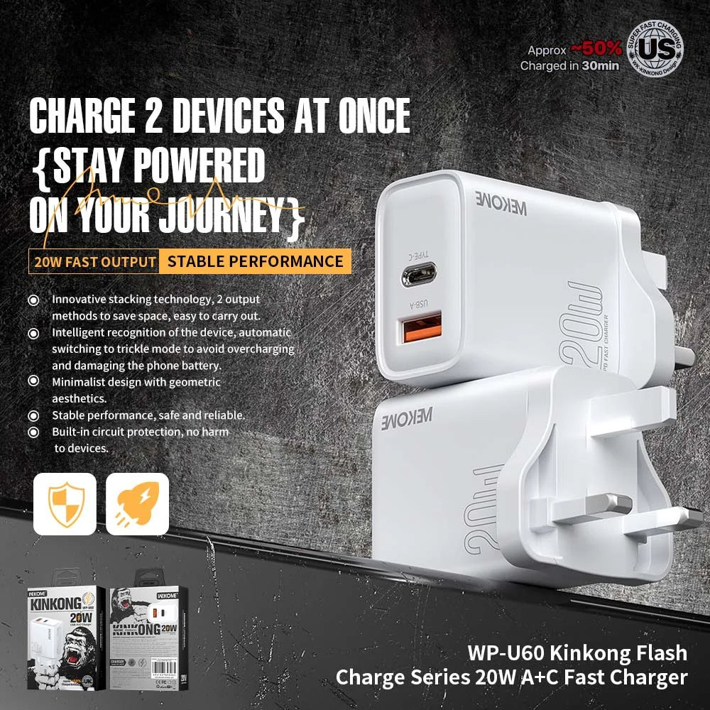 WEKOME WP-U60 20W Fast Charger USB-A / Type-C Dual Port Power Adapter for Multiple Devices - UK Plug - 2