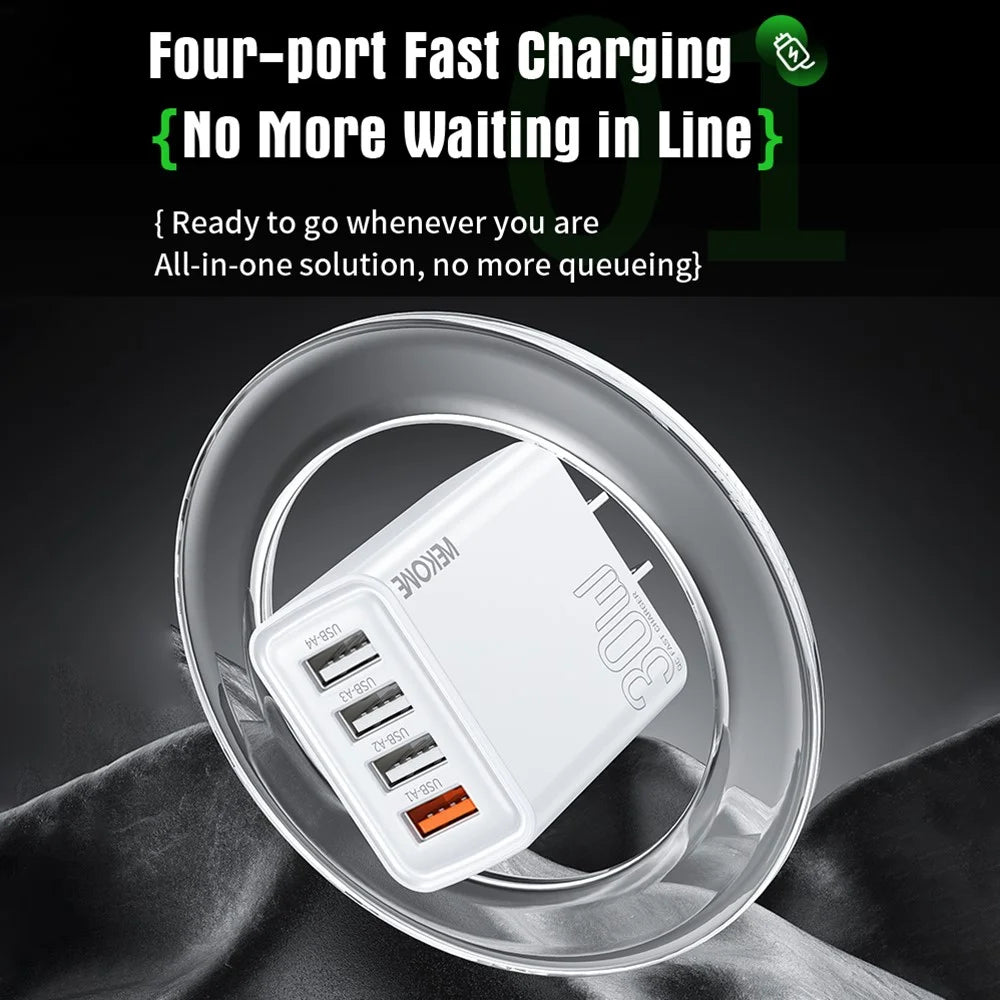 WEKOME WP-U62 30W 4-Port USB-A Fast Charger Wall Adapter Multi-Port Charging US Plug for Phone Tablet - 4