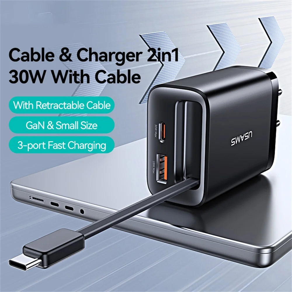 USAMS CC296 30W Fast Charger EU Plug Phone Adapter with Type-C Retractable Cable - Black - 2